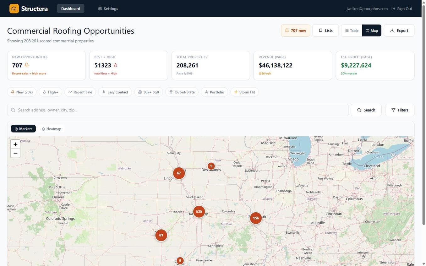 Structera interactive map showing property clusters across metros