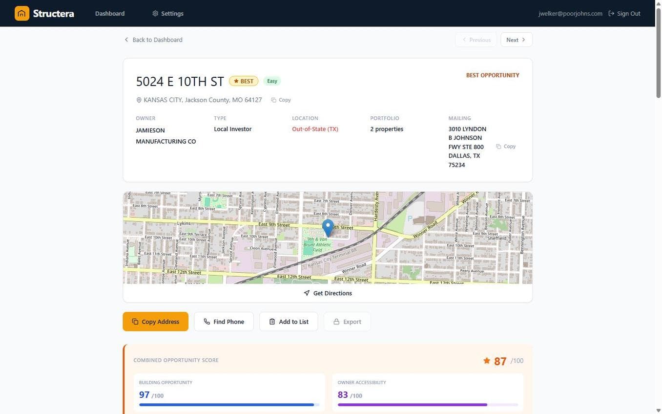 Structera property detail page showing score breakdown